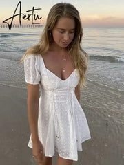 White lace embriodery summer beach dress women elegant hollow out lace up short dress off shoulder puff sleeve sheer dress Aiertu