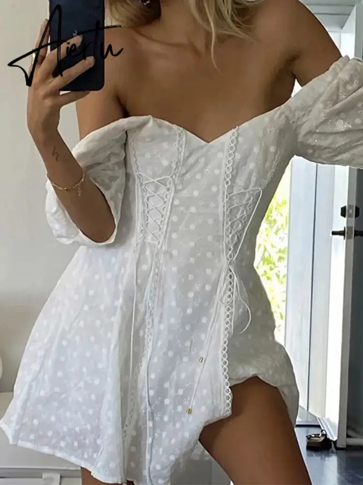 White lace embriodery summer beach dress women elegant hollow out lace up short dress off shoulder puff sleeve sheer dress Aiertu