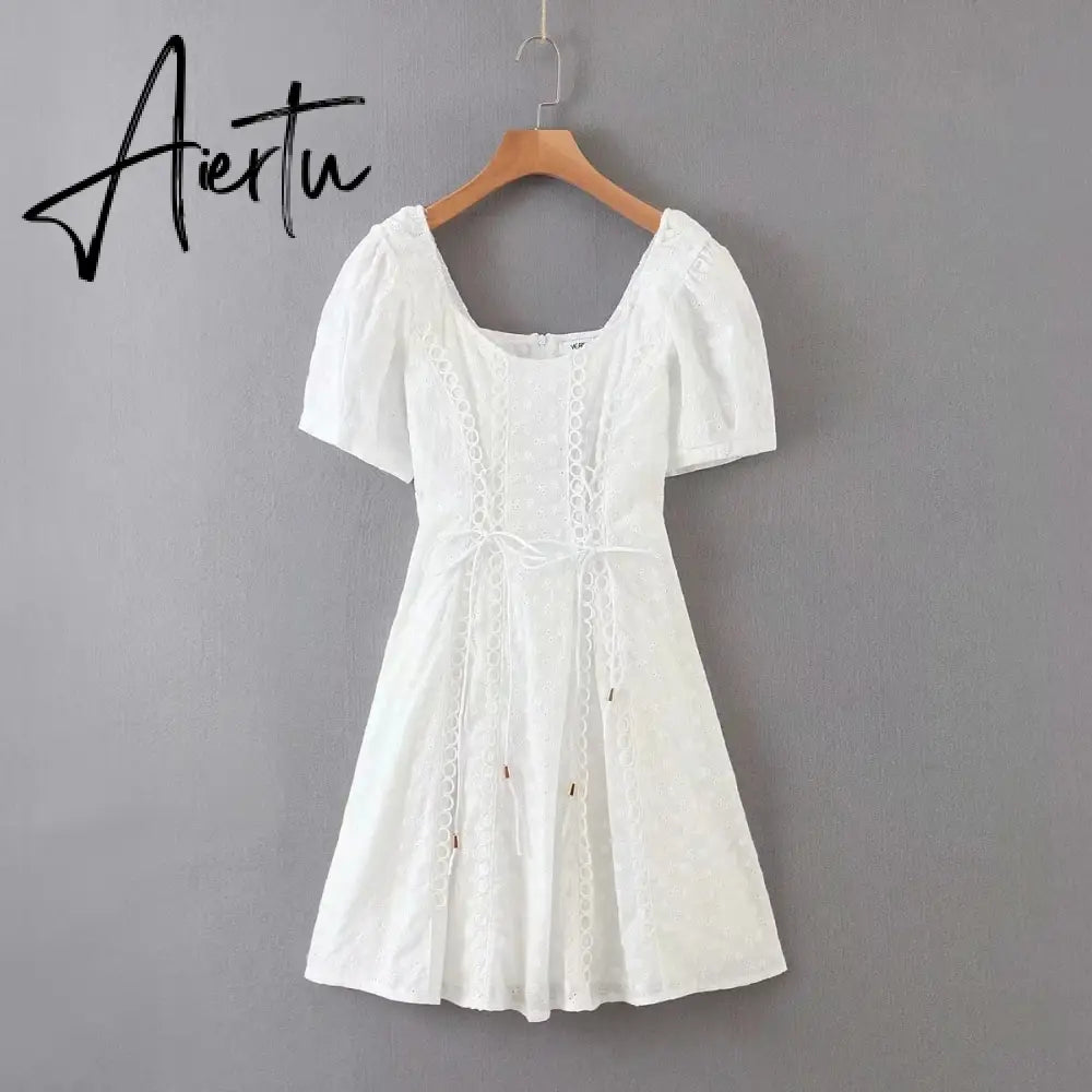 White lace embriodery summer beach dress women elegant hollow out lace up short dress off shoulder puff sleeve sheer dress Aiertu