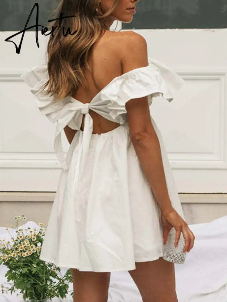 White Ruffled Beach Flying Sleeve Cotton Sundress Women Tie Up Back V Neck  Short Femme Vestidos Dress for petite Aiertu