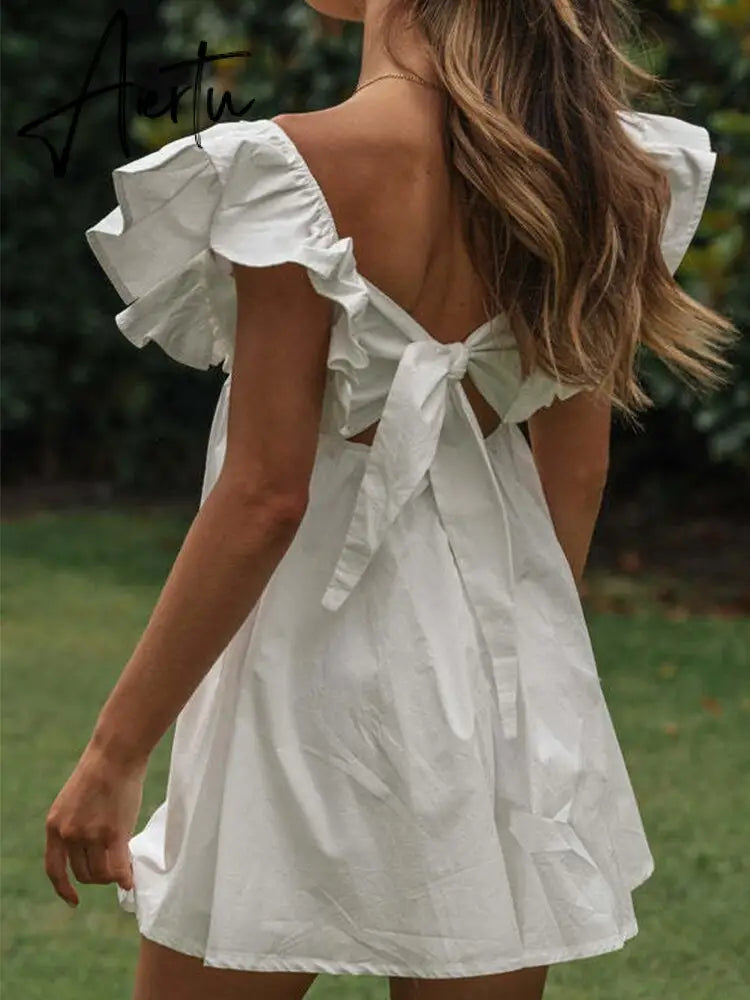 White Ruffled Beach Flying Sleeve Cotton Sundress Women Tie Up Back V Neck  Short Femme Vestidos Dress for petite Aiertu