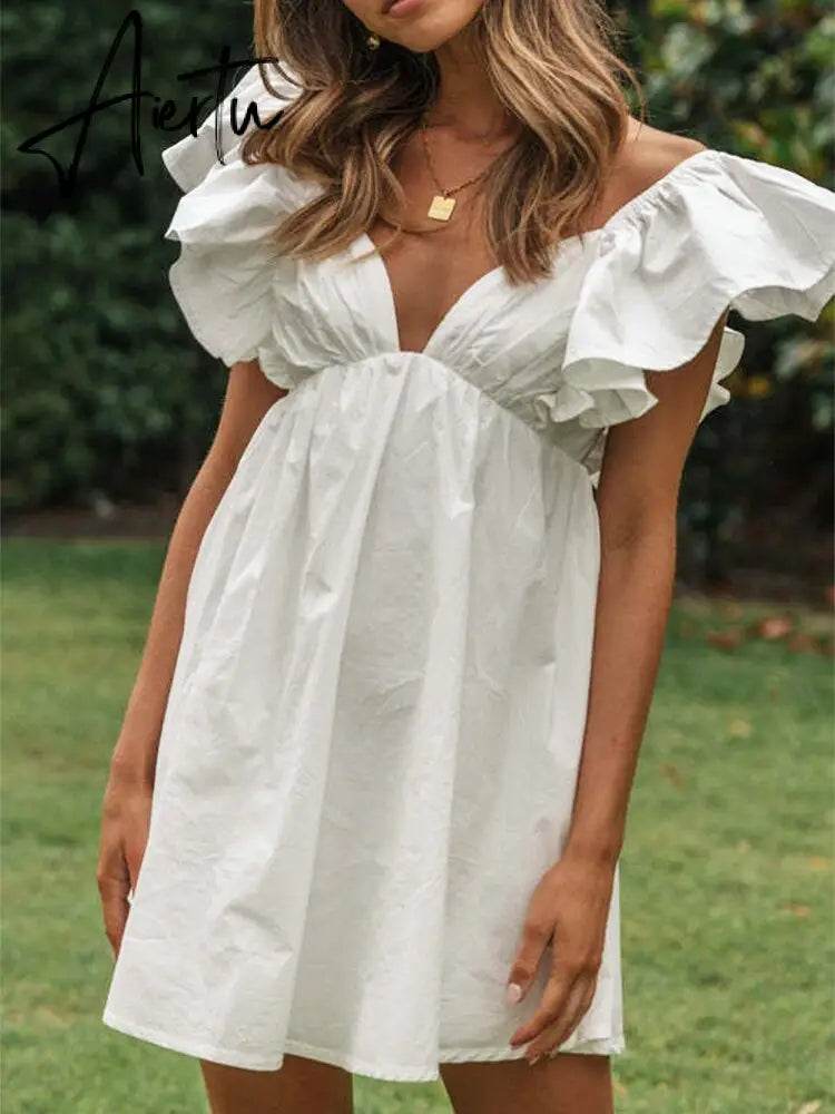 White Ruffled Beach Flying Sleeve Cotton Sundress Women Tie Up Back V Neck  Short Femme Vestidos Dress for petite Aiertu