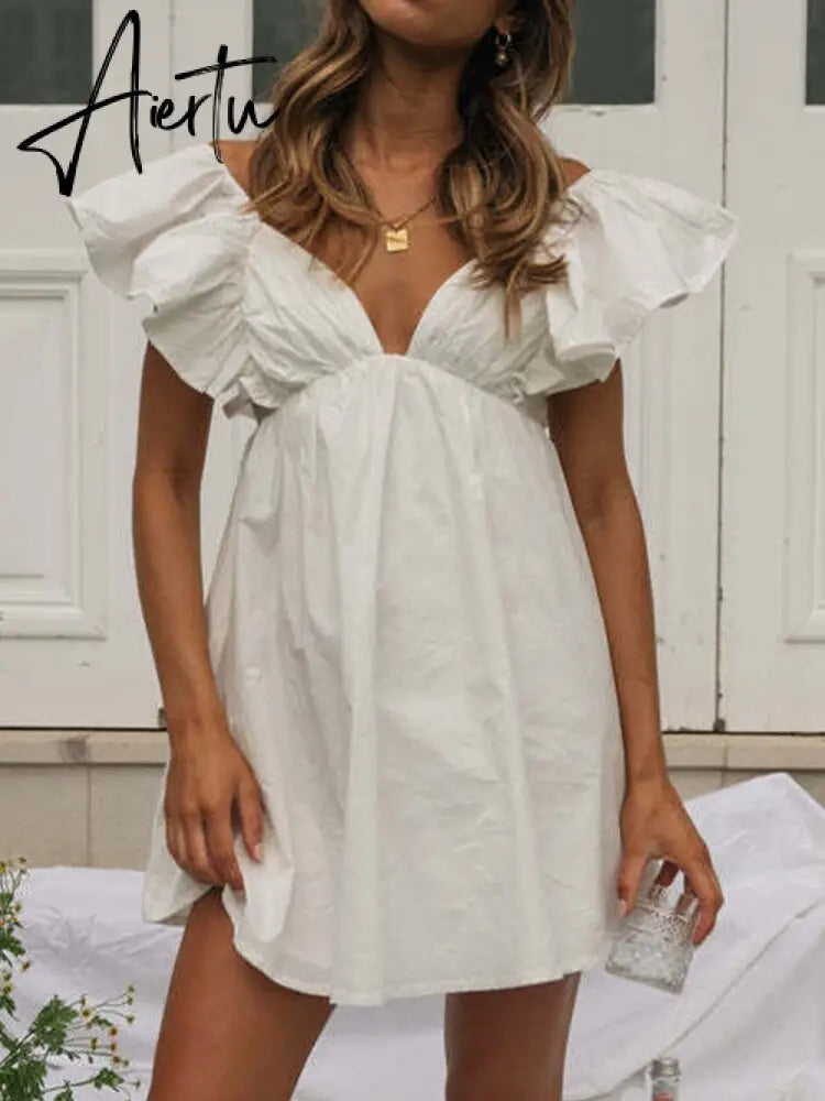 White Ruffled Beach Flying Sleeve Cotton Sundress Women Tie Up Back V Neck  Short Femme Vestidos Dress for petite Aiertu