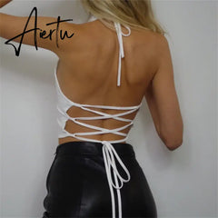 White Sexy Fashion Backless Sleeveless Spaghetti Strap Cross Halter Camis Slim Crop Tops Summer Women Basic Y2k Bodycon Camisole Aiertu