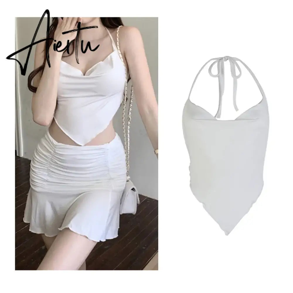 White Sexy Fashion Backless Sleeveless Spaghetti Strap Cross Halter Camis Slim Crop Tops Summer Women Basic Y2k Bodycon Camisole Aiertu