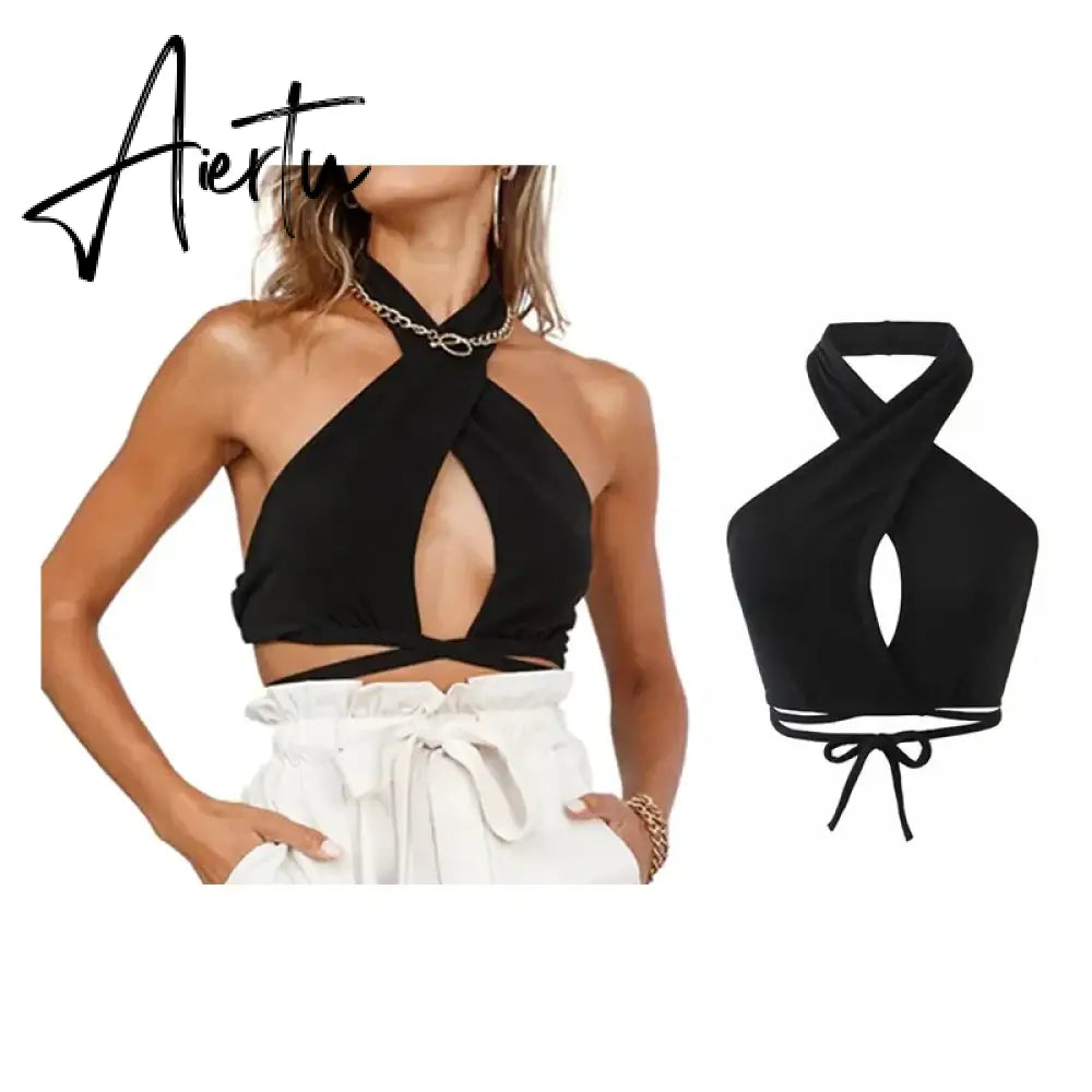 White Sexy Fashion Backless Sleeveless Spaghetti Strap Cross Halter Camis Slim Crop Tops Summer Women Basic Y2k Bodycon Camisole Aiertu