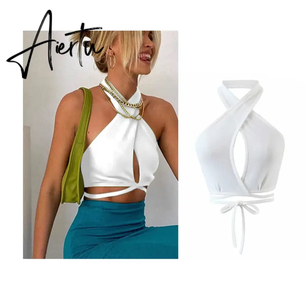 White Sexy Fashion Backless Sleeveless Spaghetti Strap Cross Halter Camis Slim Crop Tops Summer Women Basic Y2k Bodycon Camisole Aiertu