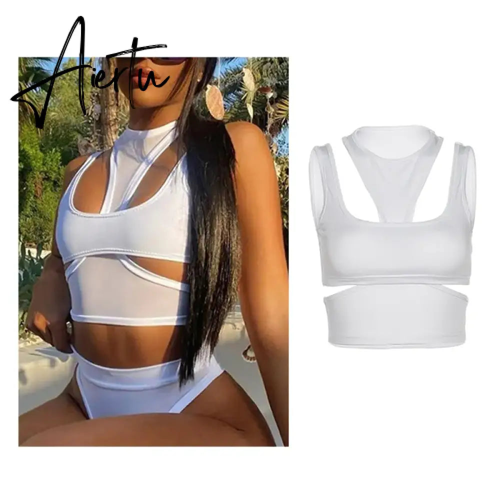 White Sexy Fashion Backless Sleeveless Spaghetti Strap Cross Halter Camis Slim Crop Tops Summer Women Basic Y2k Bodycon Camisole Aiertu