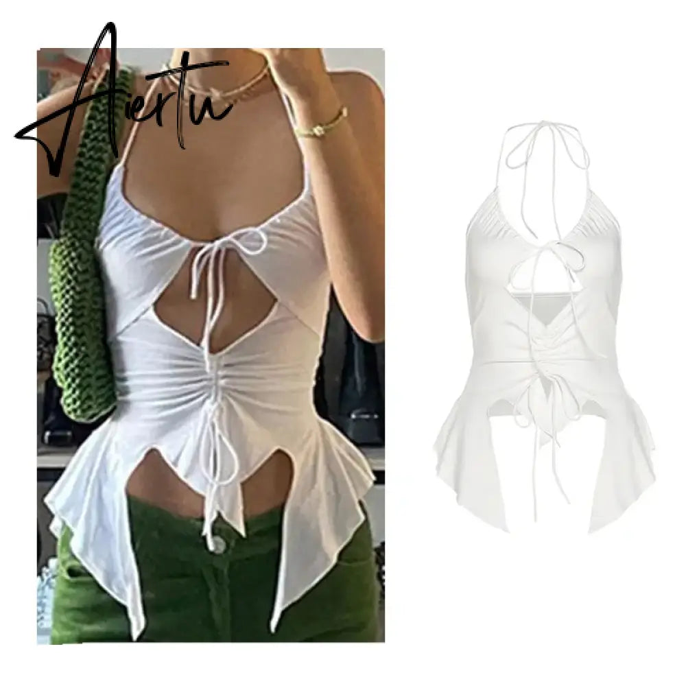 White Sexy Fashion Backless Sleeveless Spaghetti Strap Cross Halter Camis Slim Crop Tops Summer Women Basic Y2k Bodycon Camisole Aiertu