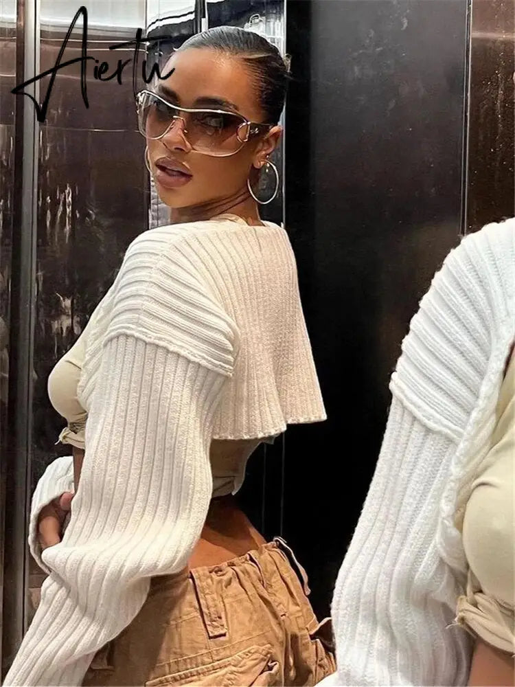 White Women Sweater Shrugs Cropped Top Full Lantern Sleeve Knitwear Pullover Sexy Summer High Street Outwear Spring Aiertu