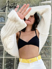 White Women Sweater Shrugs Cropped Top Full Lantern Sleeve Knitwear Pullover Sexy Summer High Street Outwear Spring Aiertu