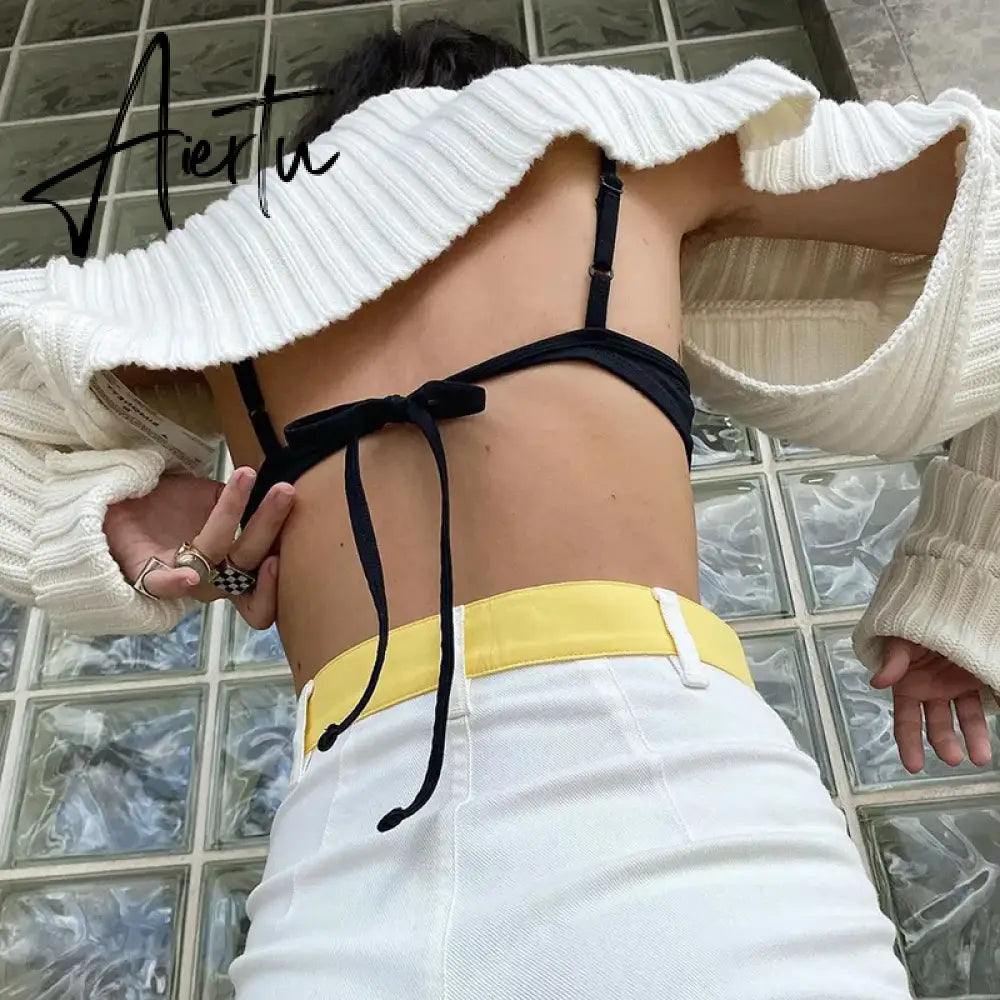 White Women Sweater Shrugs Cropped Top Full Lantern Sleeve Knitwear Pullover Sexy Summer High Street Outwear Spring Aiertu