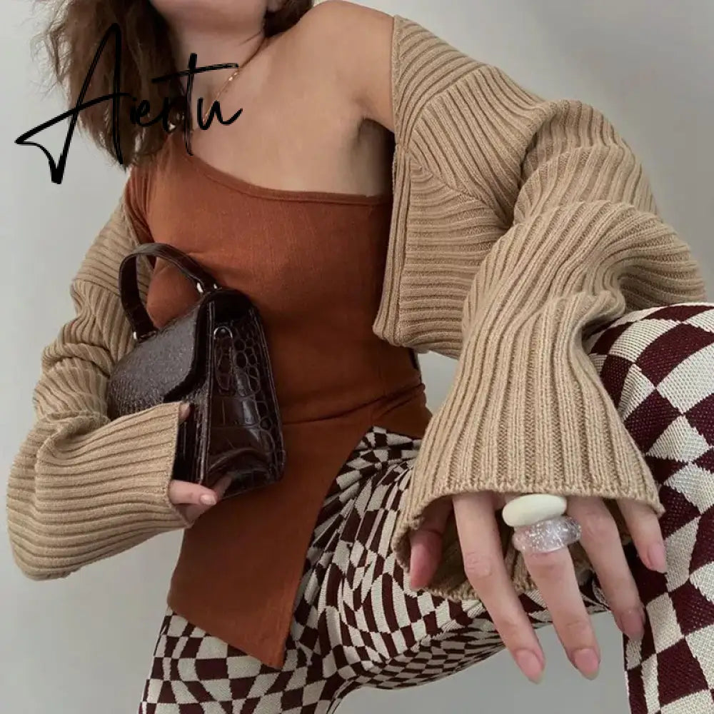 White Women Sweater Shrugs Cropped Top Full Lantern Sleeve Knitwear Pullover Sexy Summer High Street Outwear Spring Aiertu
