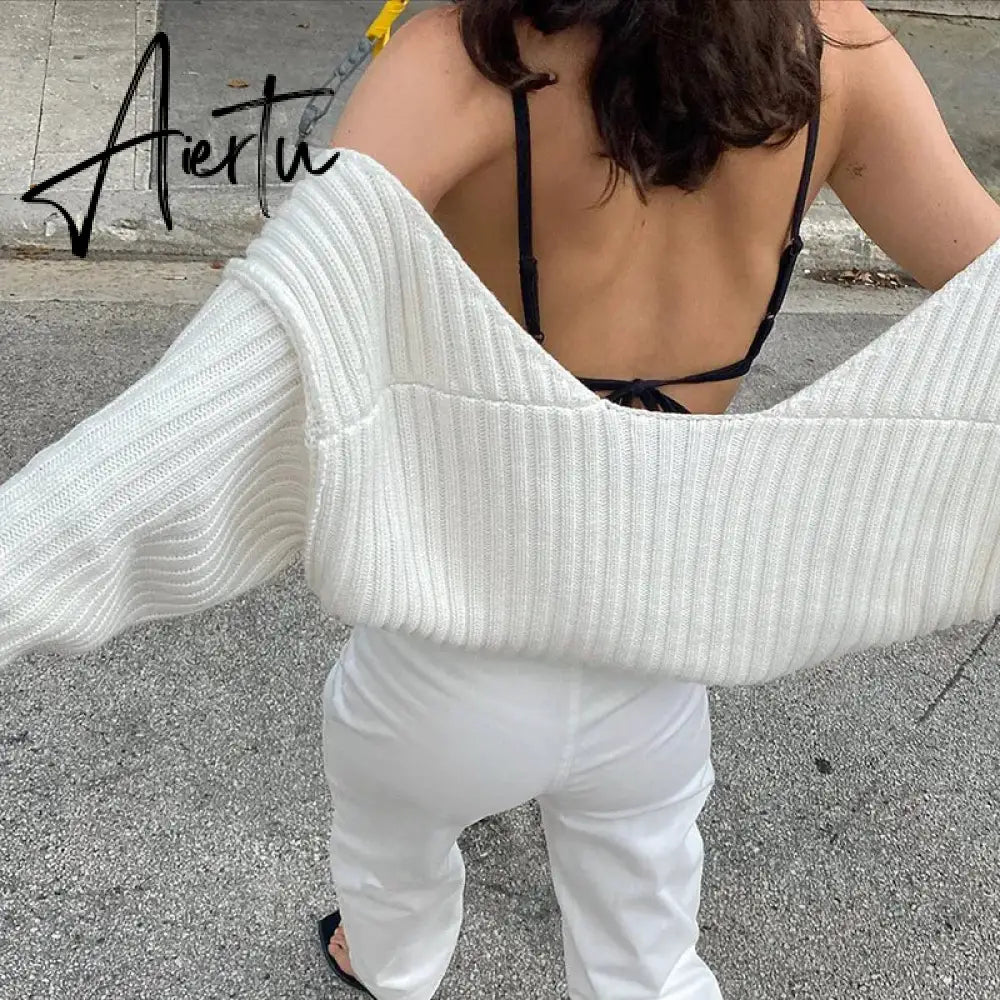 White Women Sweater Shrugs Cropped Top Full Lantern Sleeve Knitwear Pullover Sexy Summer High Street Outwear Spring Aiertu