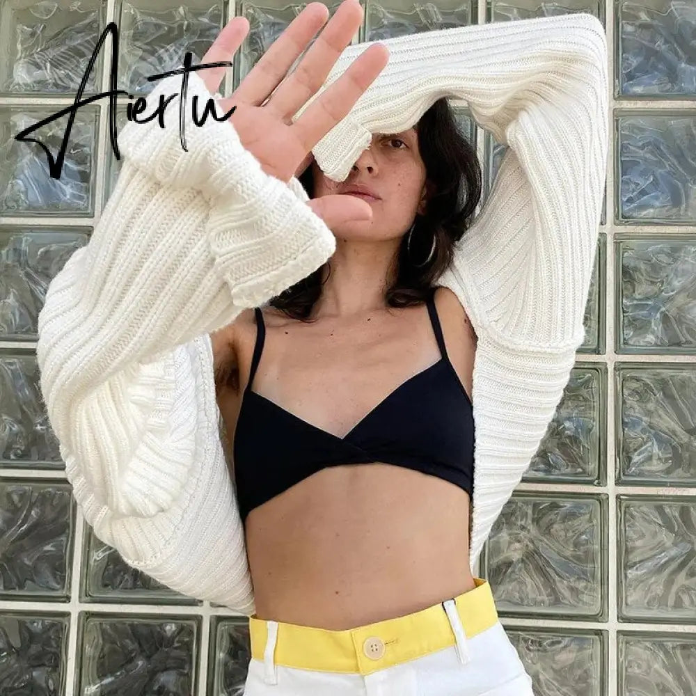 White Women Sweater Shrugs Cropped Top Full Lantern Sleeve Knitwear Pullover Sexy Summer High Street Outwear Spring Aiertu
