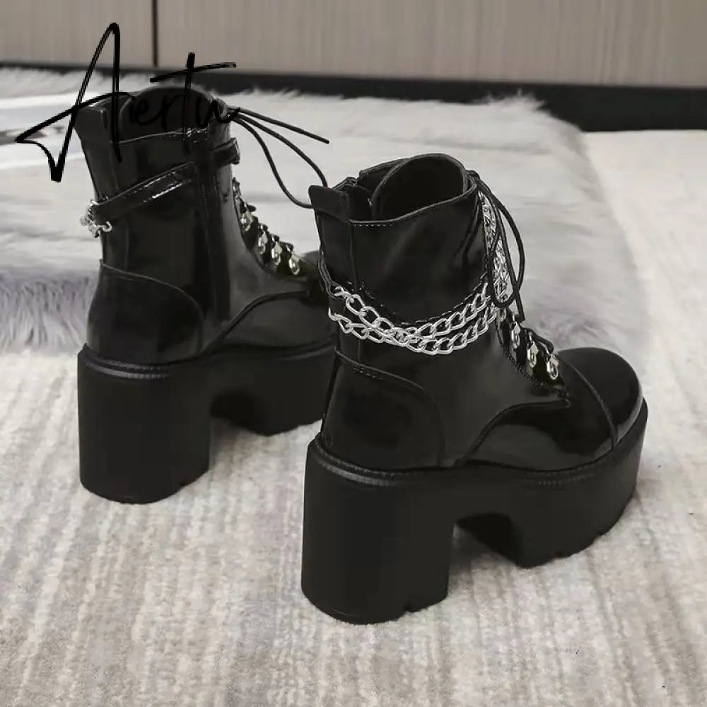 Winter Gothic Punk Womens Platform Boots Black Buckle Strap Zipper Creeper Wedges Shoes Mid Calf Military Combat Boots Women Aiertu