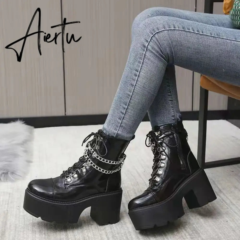 Winter Gothic Punk Womens Platform Boots Black Buckle Strap Zipper Creeper Wedges Shoes Mid Calf Military Combat Boots Women Aiertu