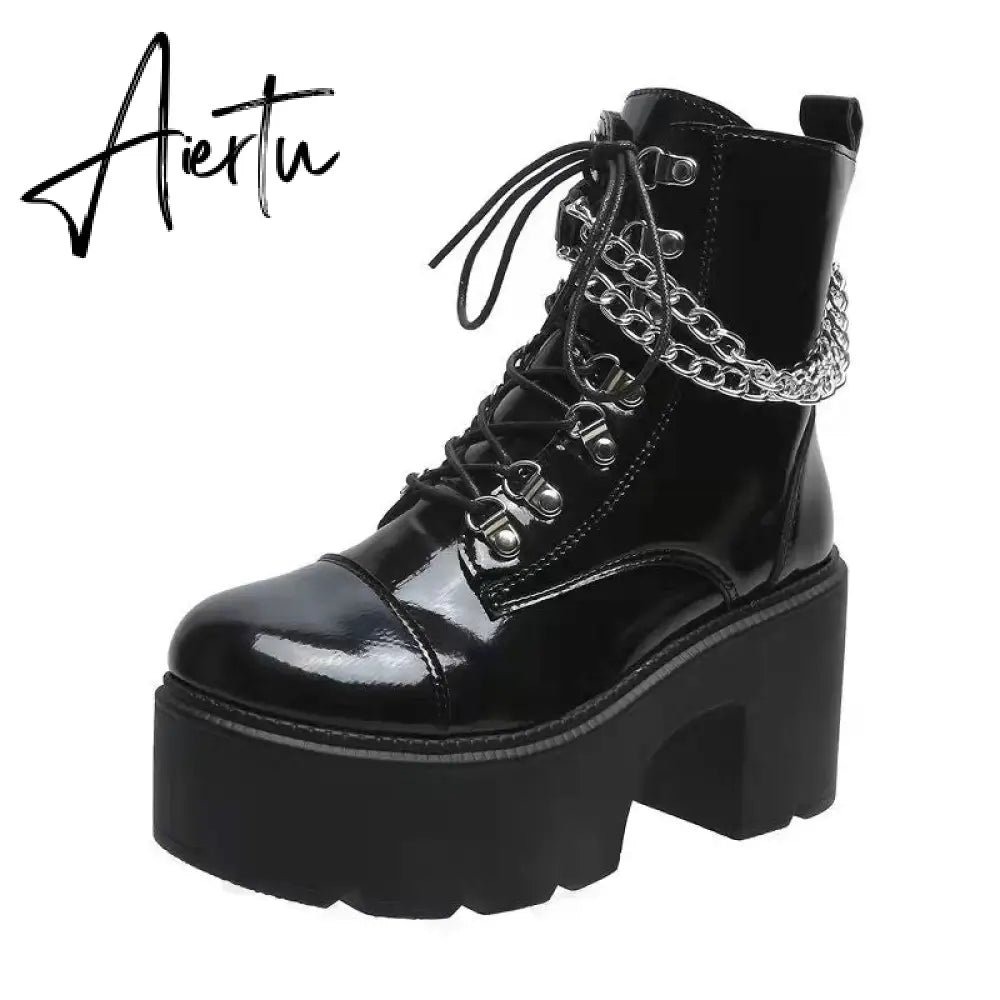Winter Gothic Punk Womens Platform Boots Black Buckle Strap Zipper Creeper Wedges Shoes Mid Calf Military Combat Boots Women Aiertu