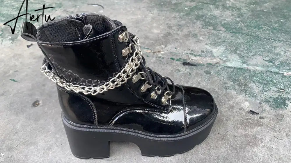 Winter Gothic Punk Womens Platform Boots Black Buckle Strap Zipper Creeper Wedges Shoes Mid Calf Military Combat Boots Women Aiertu