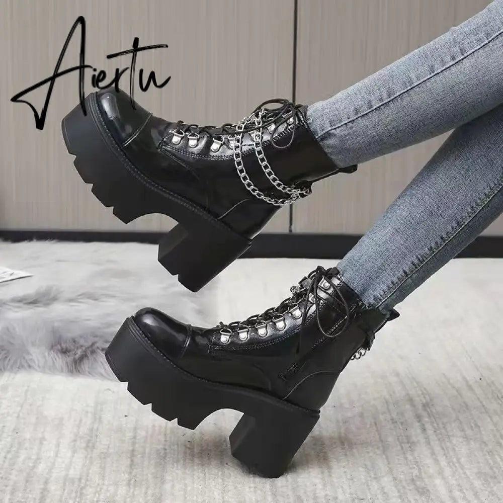 Winter Gothic Punk Womens Platform Boots Black Buckle Strap Zipper Creeper Wedges Shoes Mid Calf Military Combat Boots Women Aiertu