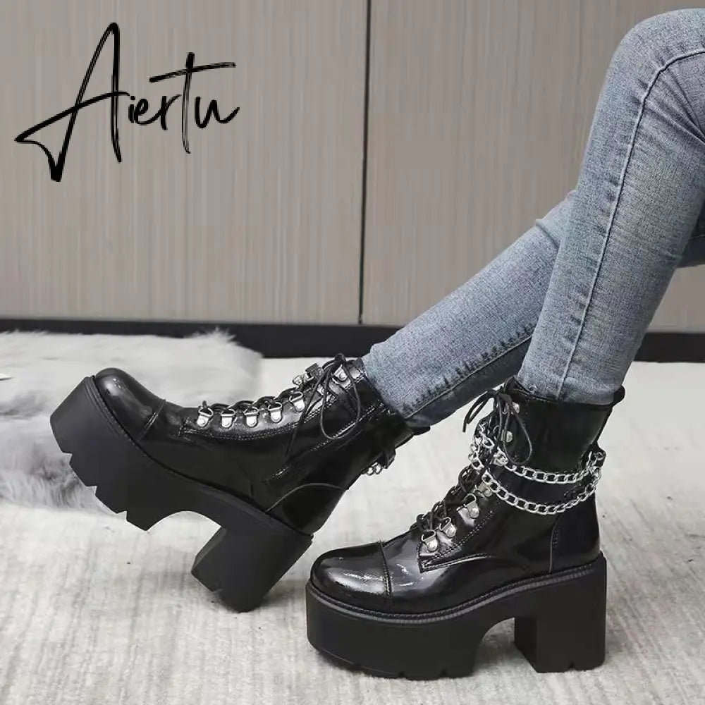Winter Gothic Punk Womens Platform Boots Black Buckle Strap Zipper Creeper Wedges Shoes Mid Calf Military Combat Boots Women Aiertu
