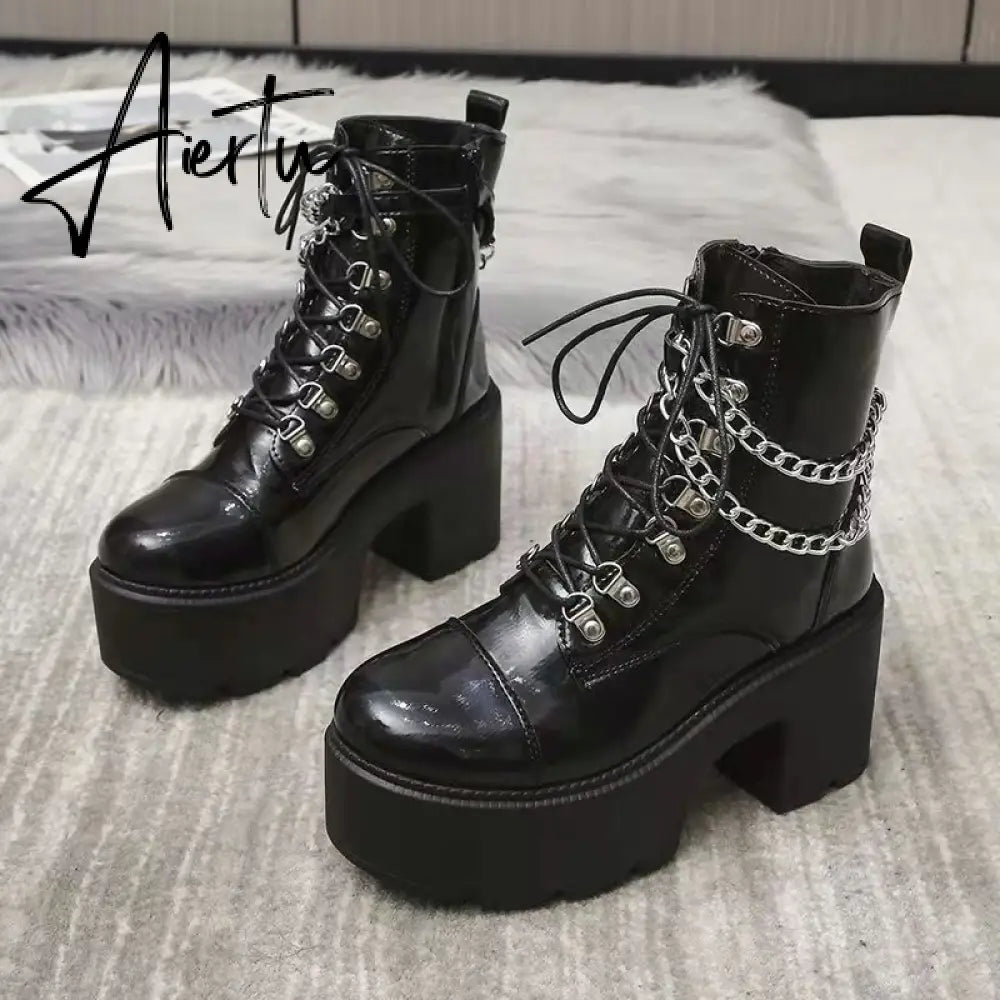 Winter Gothic Punk Womens Platform Boots Black Buckle Strap Zipper Creeper Wedges Shoes Mid Calf Military Combat Boots Women Aiertu