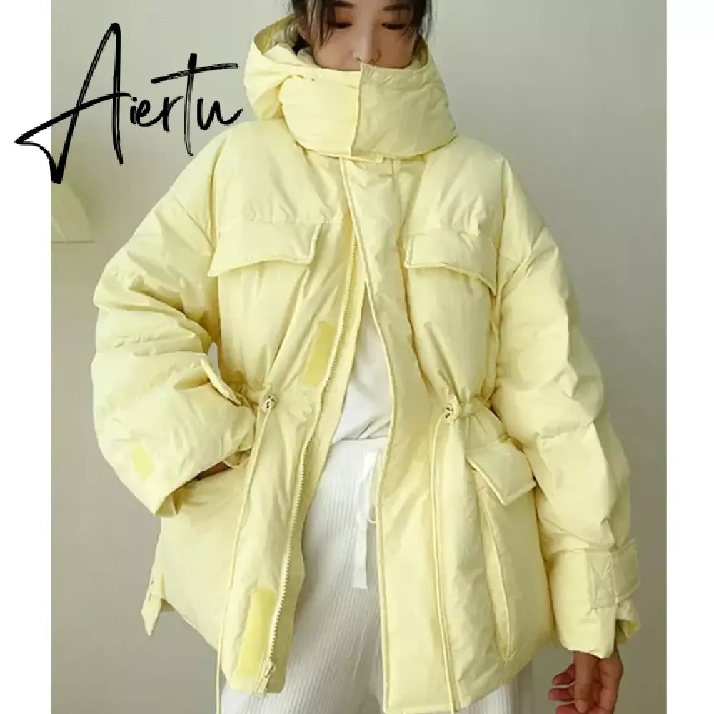 Winter Hooded Parkas Warm Jacket Women Down Cotton Coat Irregular Fluffy Bubble Drawcord Waist Outwear Aiertu