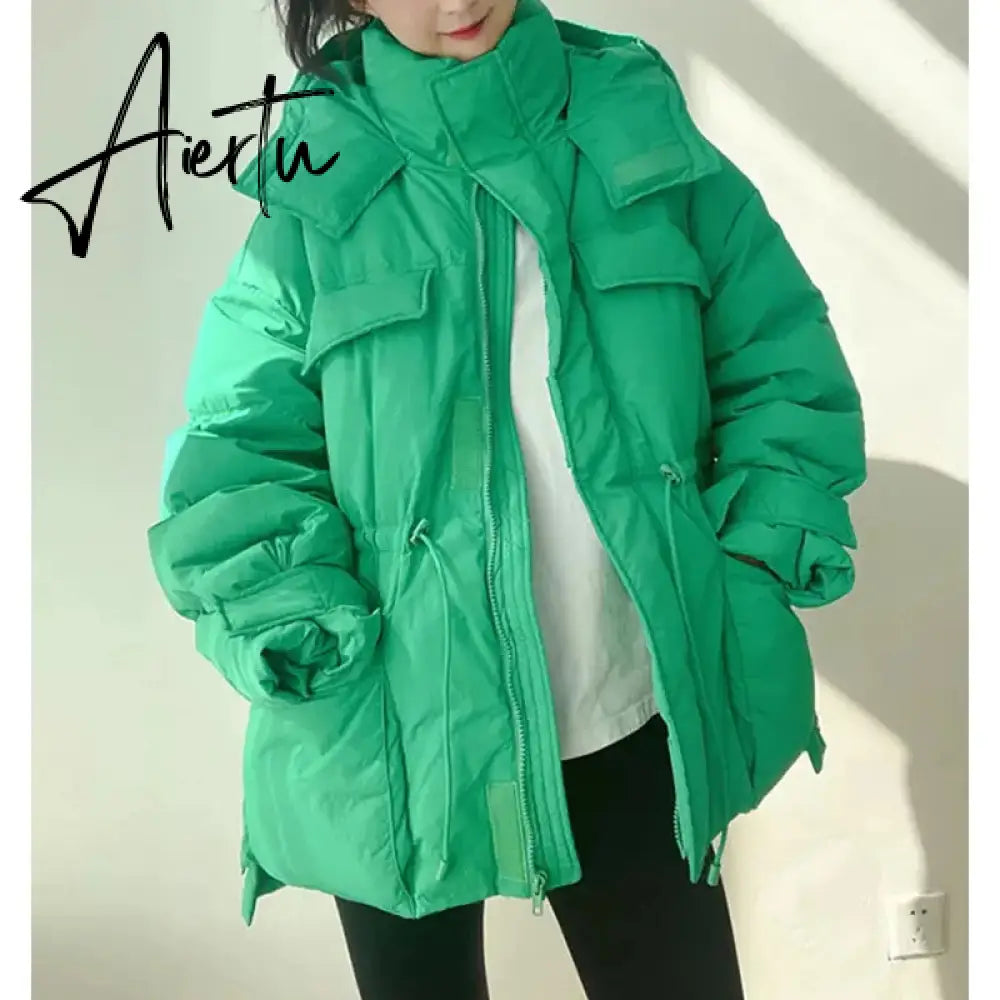 Winter Hooded Parkas Warm Jacket Women Down Cotton Coat Irregular Fluffy Bubble Drawcord Waist Outwear Aiertu