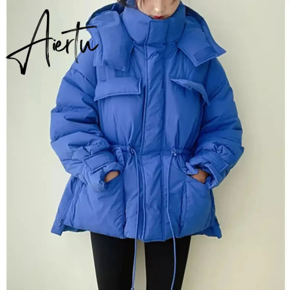 Winter Hooded Parkas Warm Jacket Women Down Cotton Coat Irregular Fluffy Bubble Drawcord Waist Outwear Aiertu