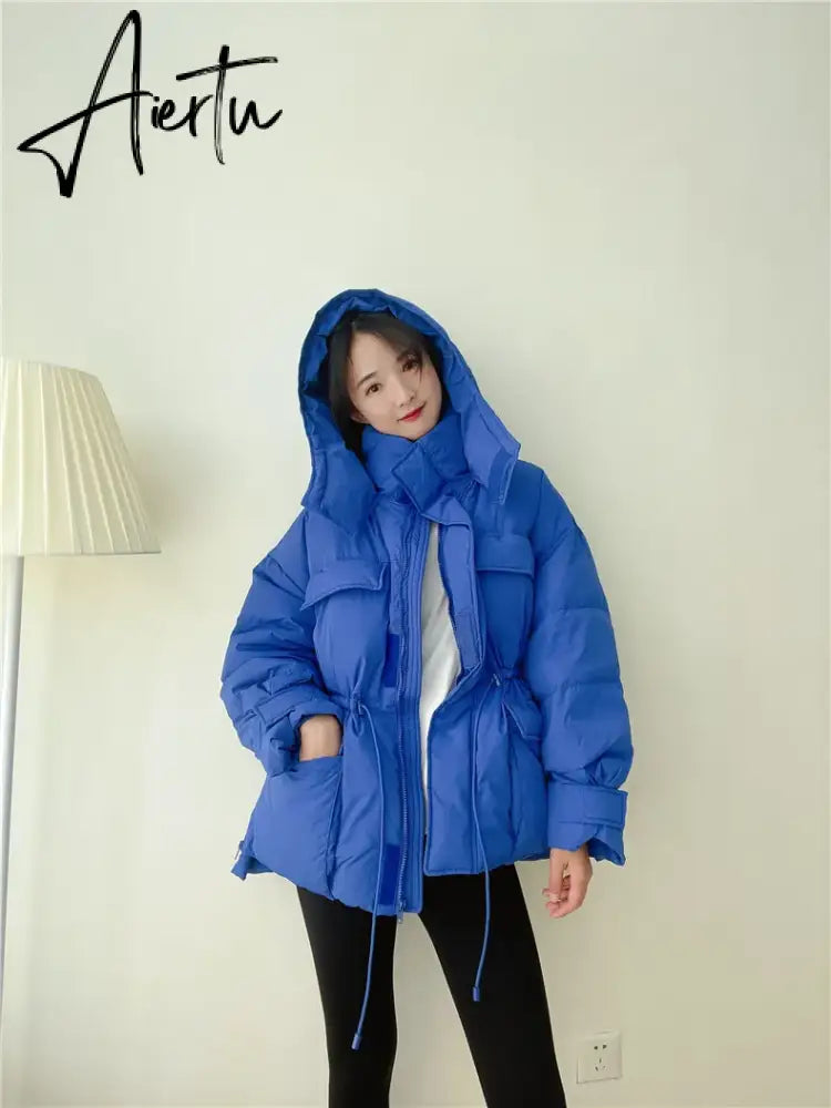 Winter Hooded Parkas Warm Jacket Women Down Cotton Coat Irregular Fluffy Bubble Drawcord Waist Outwear Aiertu