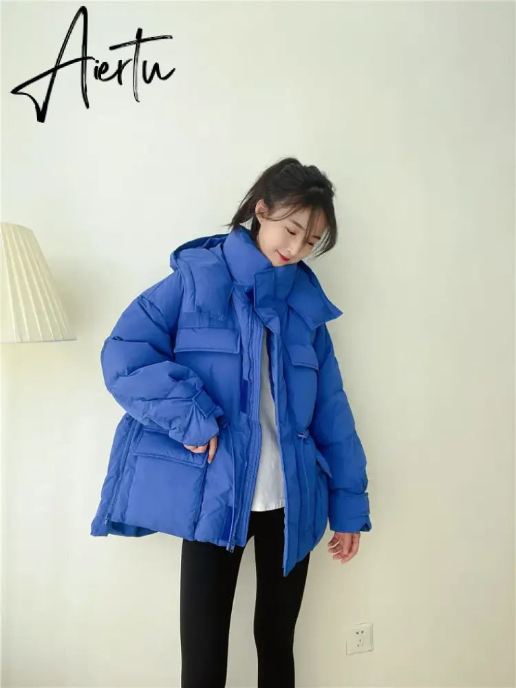 Winter Hooded Parkas Warm Jacket Women Down Cotton Coat Irregular Fluffy Bubble Drawcord Waist Outwear Aiertu