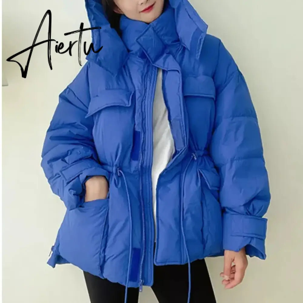 Winter Hooded Parkas Warm Jacket Women Down Cotton Coat Irregular Fluffy Bubble Drawcord Waist Outwear Aiertu