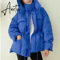 Winter Hooded Parkas Warm Jacket Women Down Cotton Coat Irregular Fluffy Bubble Drawcord Waist Outwear Aiertu