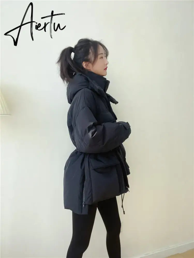 Winter Hooded Parkas Warm Jacket Women Down Cotton Coat Irregular Fluffy Bubble Drawcord Waist Outwear Aiertu