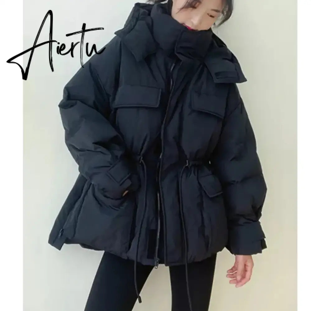 Winter Hooded Parkas Warm Jacket Women Down Cotton Coat Irregular Fluffy Bubble Drawcord Waist Outwear Aiertu