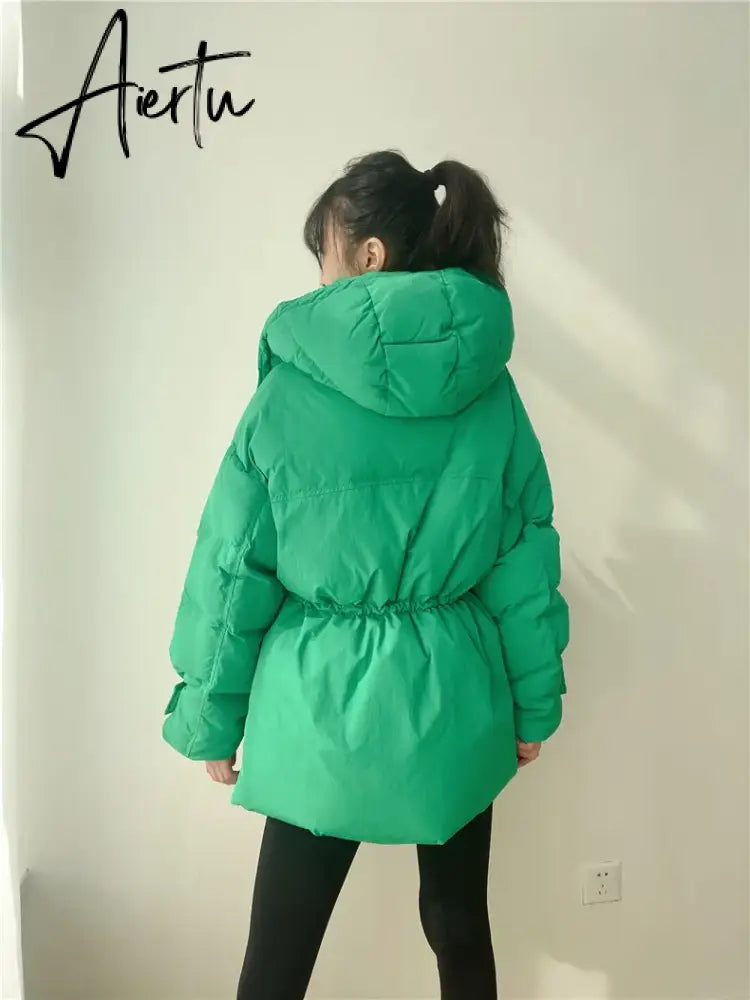 Winter Hooded Parkas Warm Jacket Women Down Cotton Coat Irregular Fluffy Bubble Drawcord Waist Outwear Aiertu