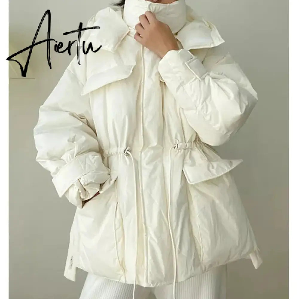 Winter Hooded Parkas Warm Jacket Women Down Cotton Coat Irregular Fluffy Bubble Drawcord Waist Outwear Aiertu