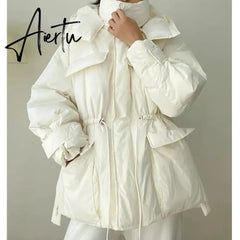 Winter Hooded Parkas Warm Jacket Women Down Cotton Coat Irregular Fluffy Bubble Drawcord Waist Outwear Aiertu