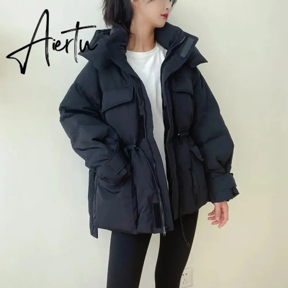 Winter Hooded Parkas Warm Jacket Women Down Cotton Coat Irregular Fluffy Bubble Drawcord Waist Outwear Aiertu