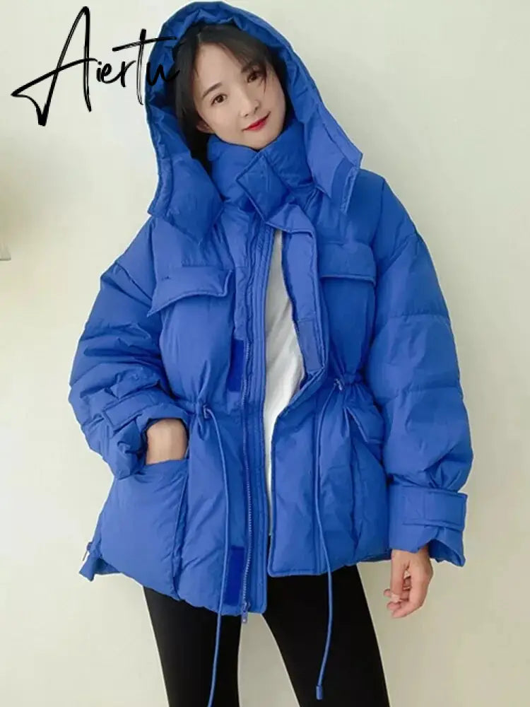 Winter Hooded Parkas Warm Jacket Women Down Cotton Coat Irregular Fluffy Bubble Drawcord Waist Outwear Aiertu