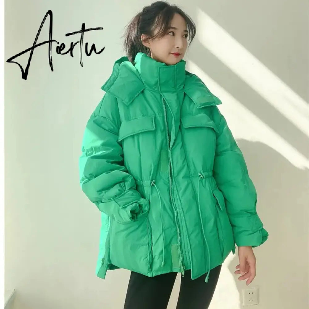 Winter Hooded Parkas Warm Jacket Women Down Cotton Coat Irregular Fluffy Bubble Drawcord Waist Outwear Aiertu