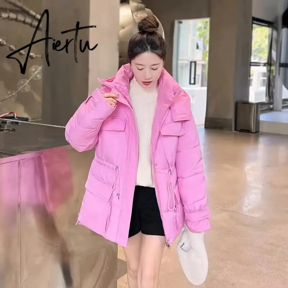 Winter Hooded Parkas Warm Jacket Women Down Cotton Coat Irregular Fluffy Bubble Drawcord Waist Outwear Aiertu