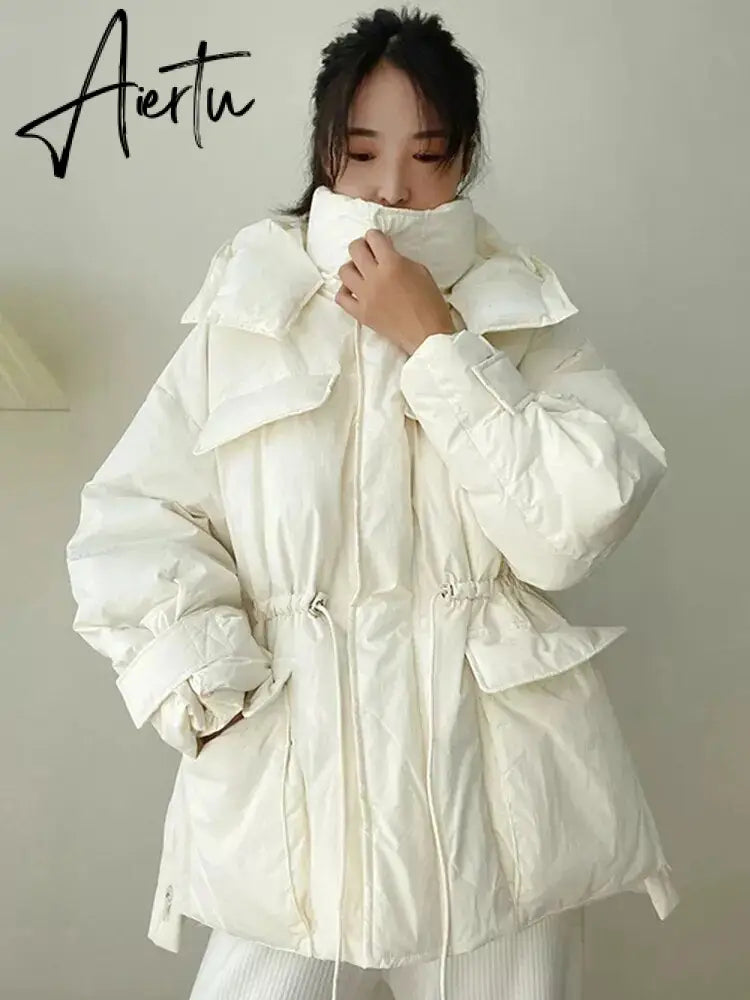 Winter Hooded Parkas Warm Jacket Women Down Cotton Coat Irregular Fluffy Bubble Drawcord Waist Outwear Aiertu