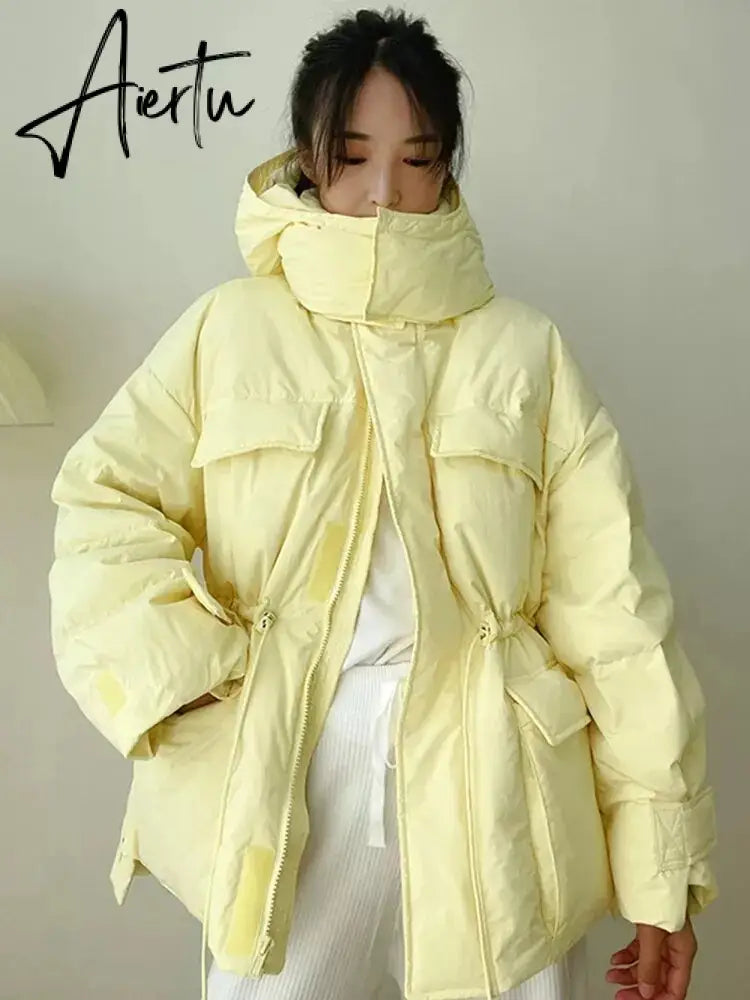 Winter Hooded Parkas Warm Jacket Women Down Cotton Coat Irregular Fluffy Bubble Drawcord Waist Outwear Aiertu