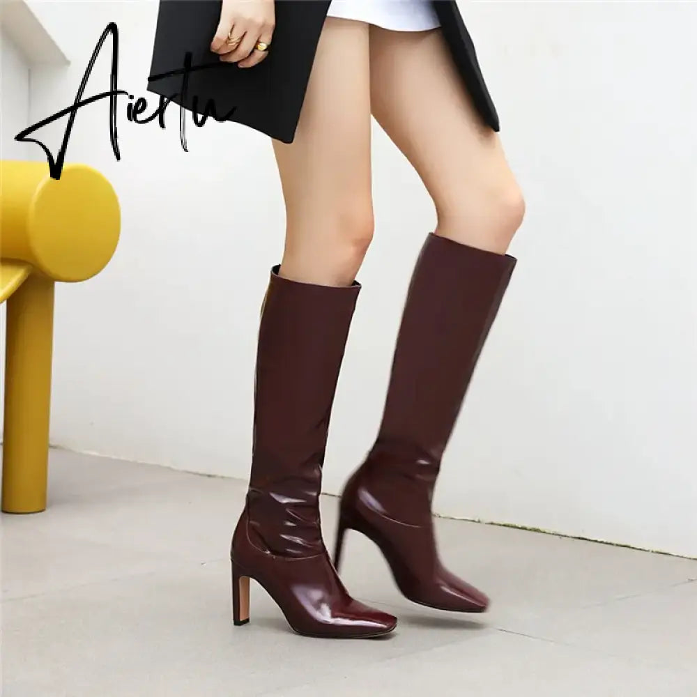Winter Knee High Boots Women High Heel Long Knight Boots Shoes Square Toe Fashion Sexy Chelsea Boots For Women Large Size 48 Aiertu