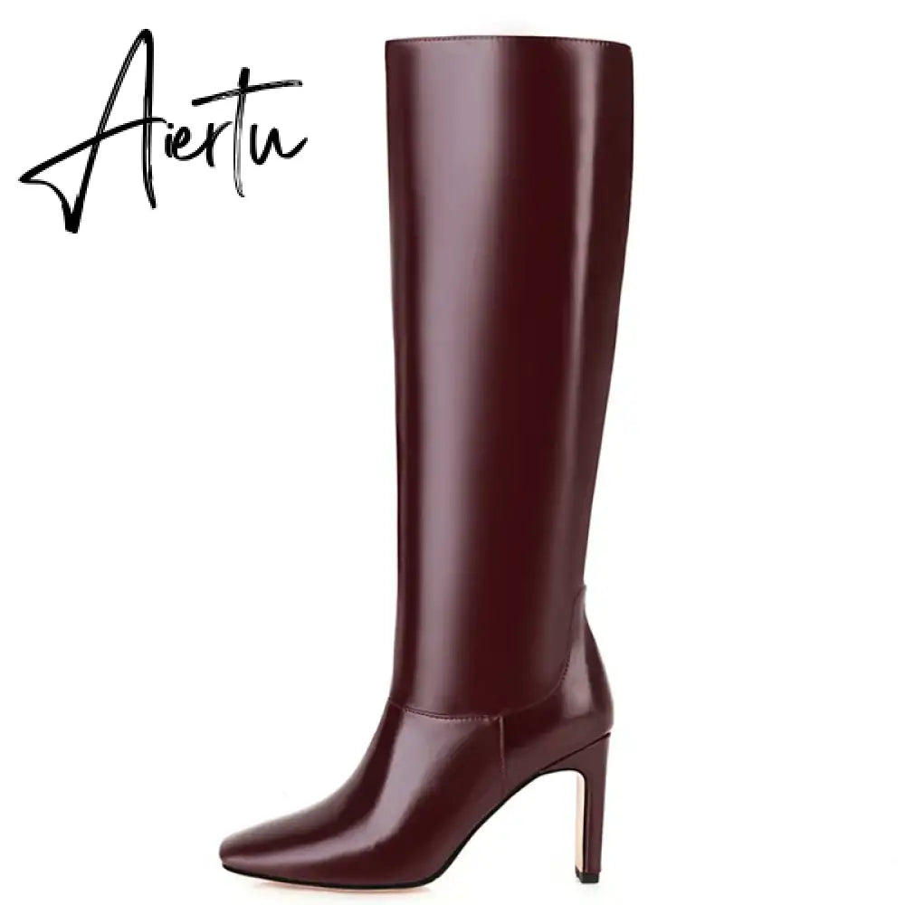 Winter Knee High Boots Women High Heel Long Knight Boots Shoes Square Toe Fashion Sexy Chelsea Boots For Women Large Size 48 Aiertu