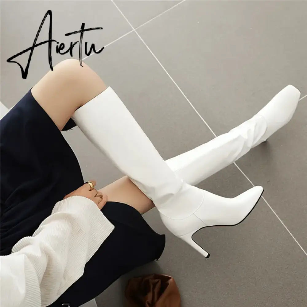 Winter Knee High Boots Women High Heel Long Knight Boots Shoes Square Toe Fashion Sexy Chelsea Boots For Women Large Size 48 Aiertu