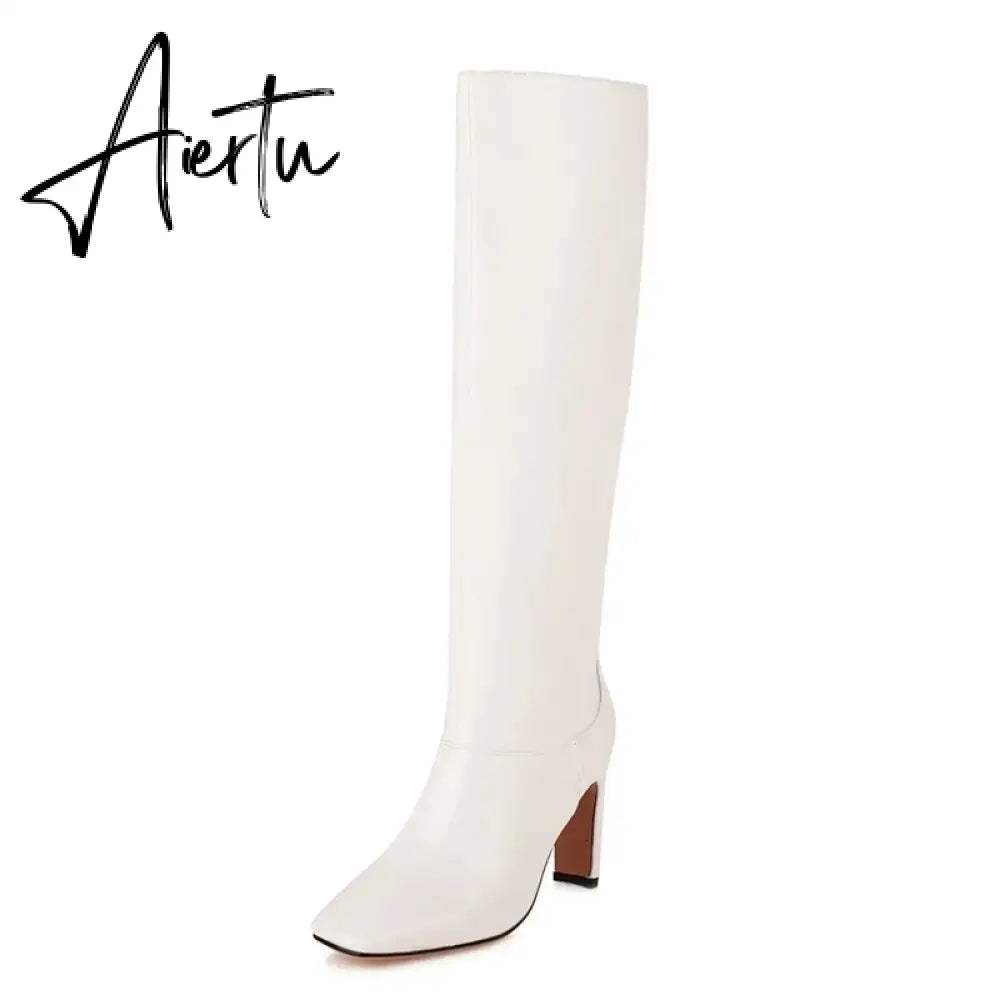 Winter Knee High Boots Women High Heel Long Knight Boots Shoes Square Toe Fashion Sexy Chelsea Boots For Women Large Size 48 Aiertu
