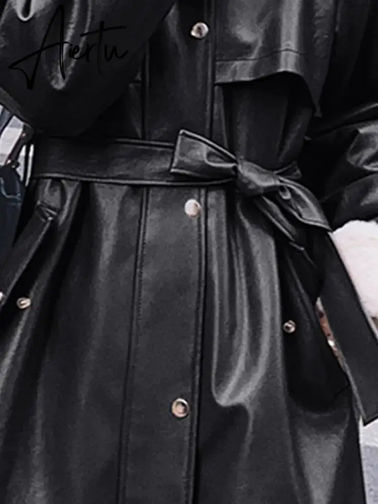 Winter Long Warm Thick Leather Trench Coat for Women with Faux Fur Inside Belt Loose Korean Fashion  Fur Lined Parka Aiertu