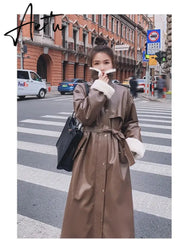 Winter Long Warm Thick Leather Trench Coat for Women with Faux Fur Inside Belt Loose Korean Fashion  Fur Lined Parka Aiertu